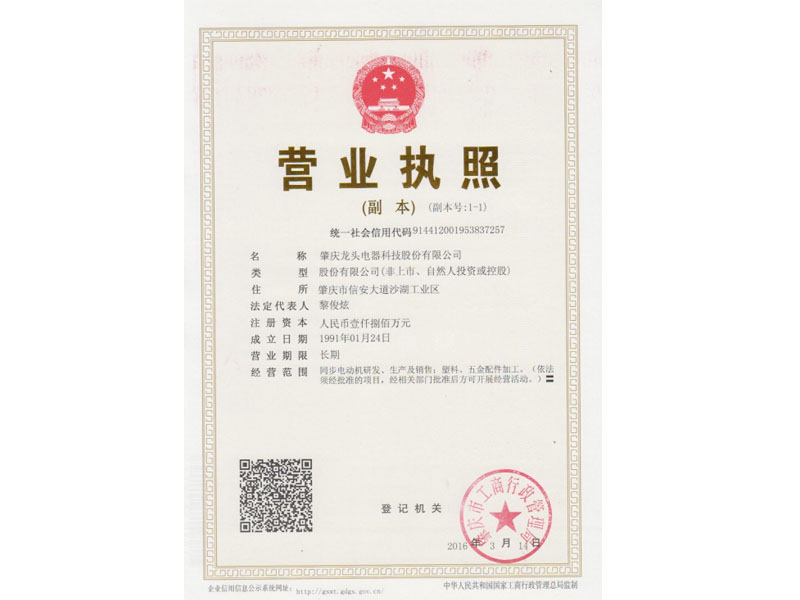 肇庆龙头电器科技股份有限公司的营业执照